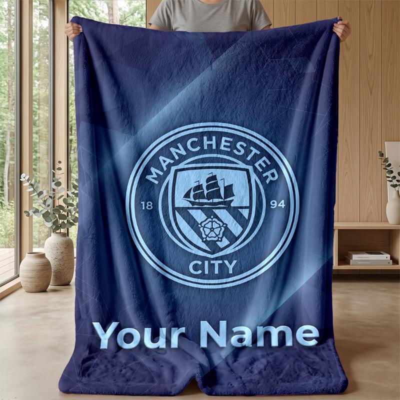 Custom Text Flannel Throw Blanket, Lightweight Cozy Bed Sofa BlanketManchester City