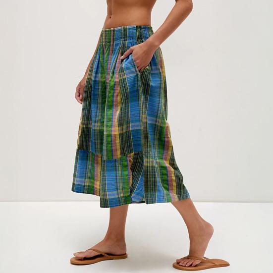 Women's Summer Boho Plaid Culotte Pants Casual Wide Leg Palazzo Trousers Baggy Cropped Gingham Capris Pants with Pockets