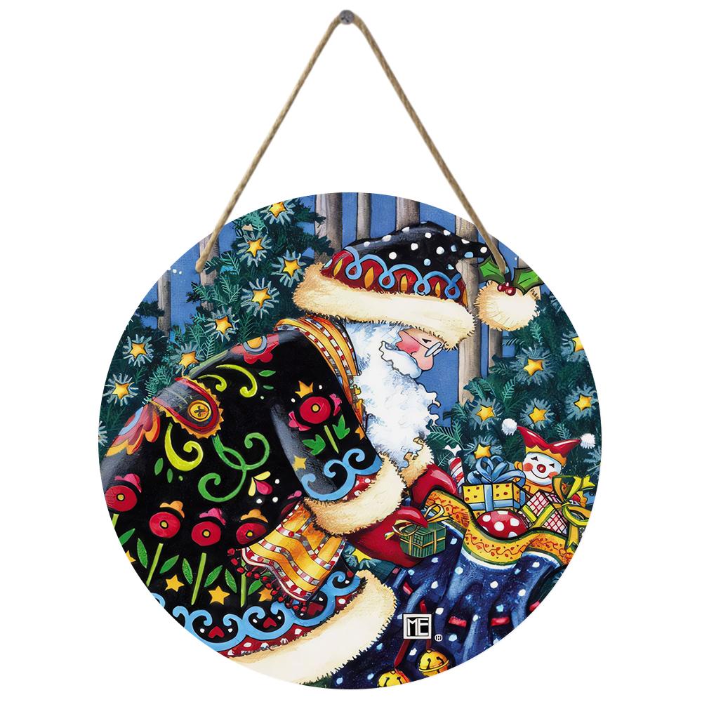 Vintage Santa gift print Round Wooden Hanging Plaque colorful holiday wall decor festive interior art ornament for Christmas party home decoration