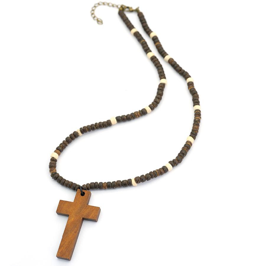 Noter Vintage Wooden Cross Pendant Necklace For Men Handmade Brown Wood Beaded Chain Catholic Christian Religious Jewelry Gift