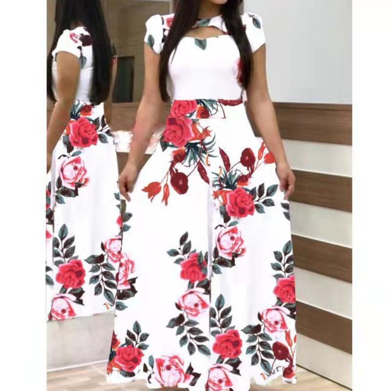 GMXIA Платье с коротким рукавом в стиле бохо с цветочным принтом для женщин, длинные платья на осень-зиму с круглым воротником и большим качелями