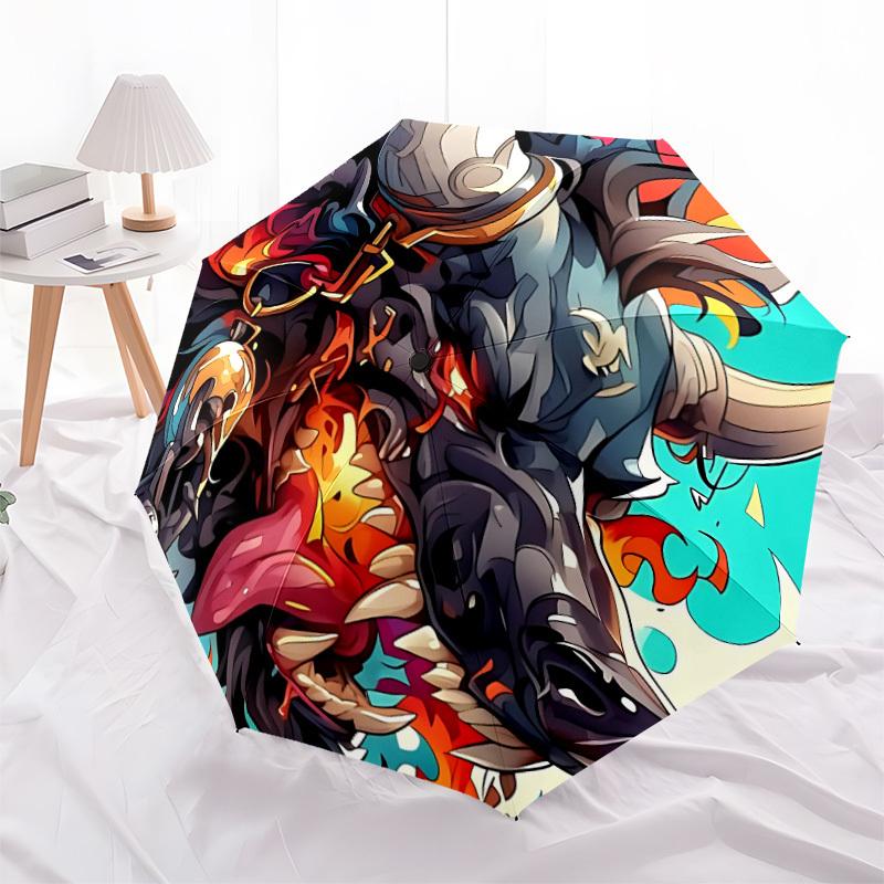 1pc Bull Flames Automatic Folding Umbrella - Design, Durable Iron Frame for Travel, Outdoor, Beach Fashion Accessory a0920031