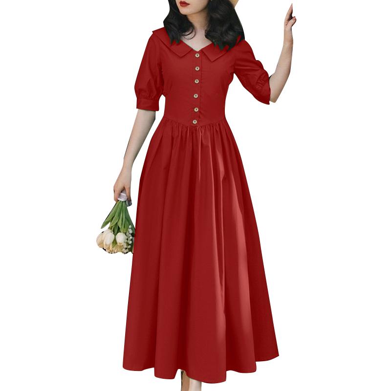 ZANZEA Womens Doll Collar Short Sleeve Casual Long Dress