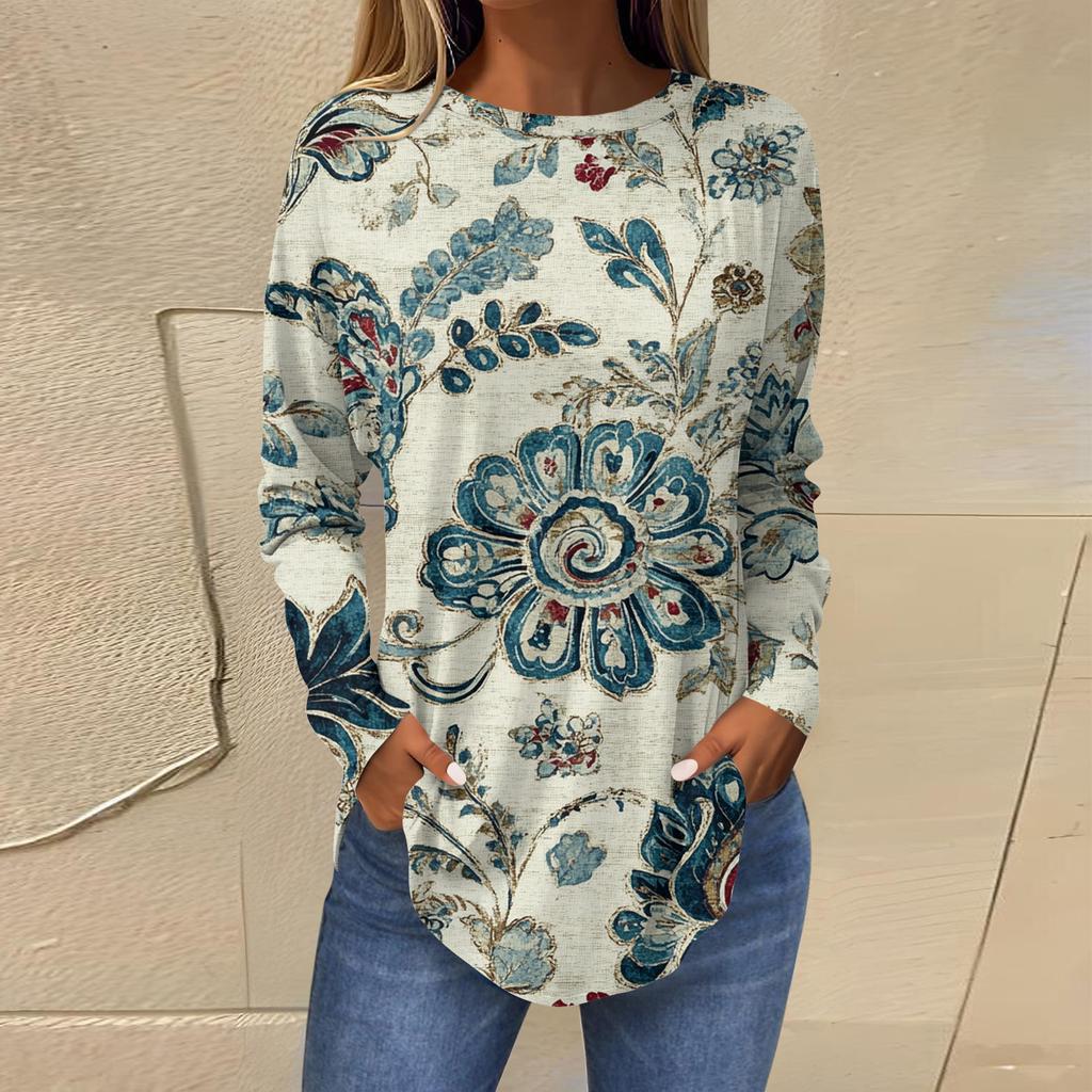 Рубашки для женщин Милые винтажные узоры с принтом Футболка с длинным рукавом Туника Топы Хлопковые пуловеры