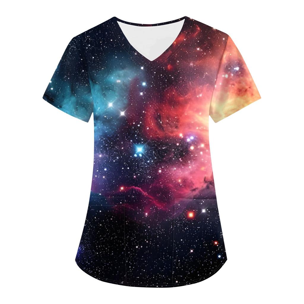 Женская модная астральная принтованная футболка с коротким рукавом и V-образным вырезом с маленьким карманом