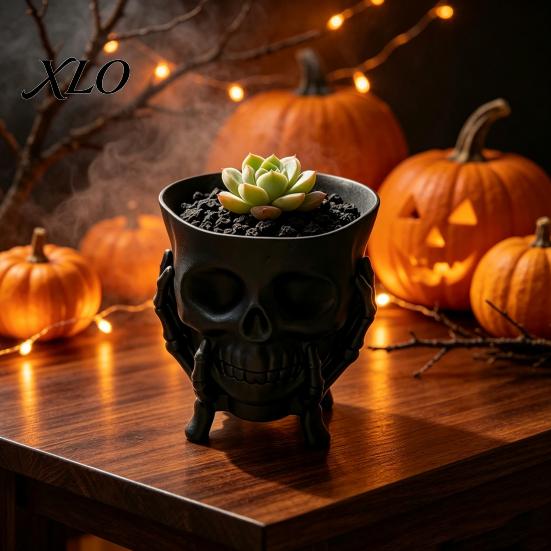 Decorative Storage for Aromatherapy 3D Printed Skull Planter with Skeleton Hand Stand, Gothic Succulents Pot, Halloween Tabletop Decorations