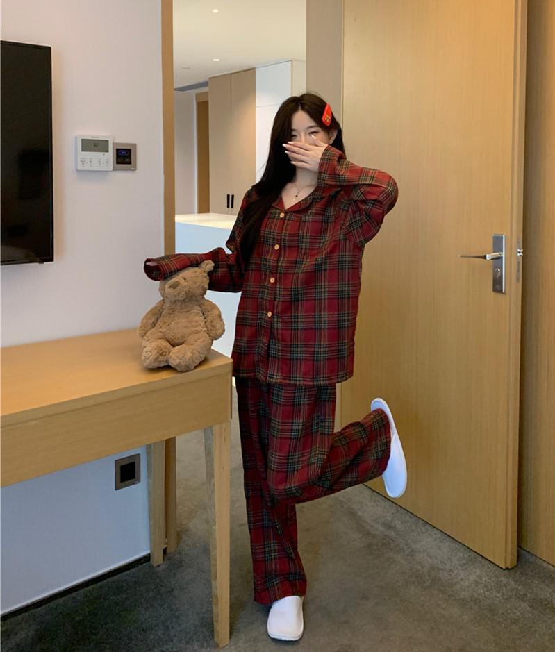 2024 Autumn Loose-Fit Couple Pajama Set - Long Sleeve Christmas Plaid Flannel Homewear