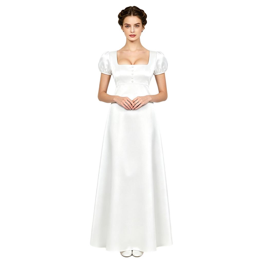 Women Party Formal Dress Retro Regency Square Neck Faux Pearl Decor Puff Sleeve Empire Waist Satin Maxi Gown Back Button