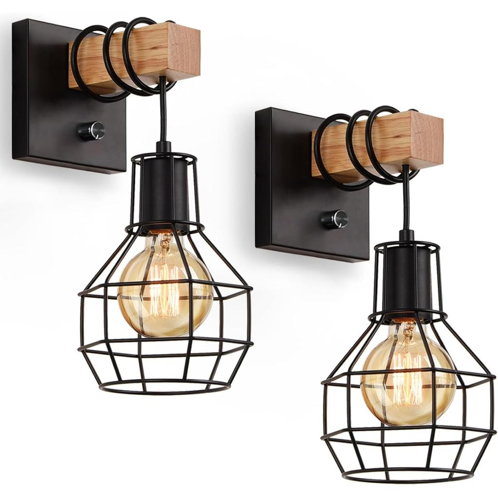 Set of 2 Industrial Wall Sconces with Dimmer ON/Off Switch,Farmhouse Wall Mount Light with Metal Cage Shade,Black Wall Lights Indoor for Kitchen