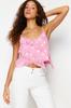 Women's Fashion New Blouse Pink Chiffon Lined Ruffle Strap Polka Dot Woven Blouse