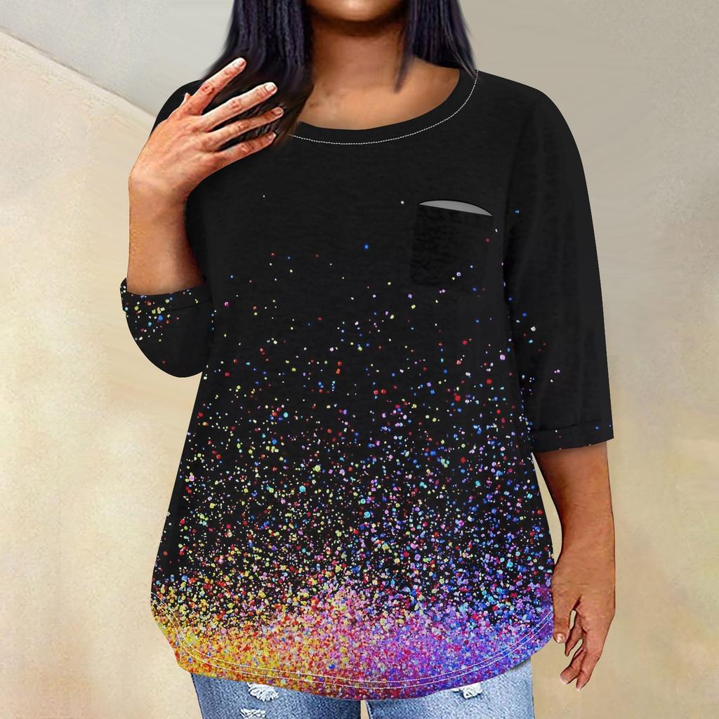 Женский модный повседневный пуловер с круглым вырезом и рукавом три четверти с принтом, топ с рукавами 4/3