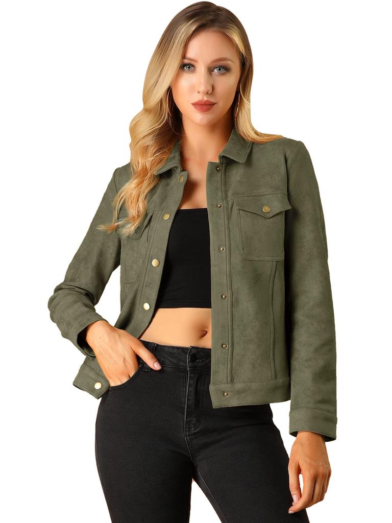 Allegra K Jacket, Faux Suede, Turn-Down Collar, Snap Buttons, Dark Green, Size L