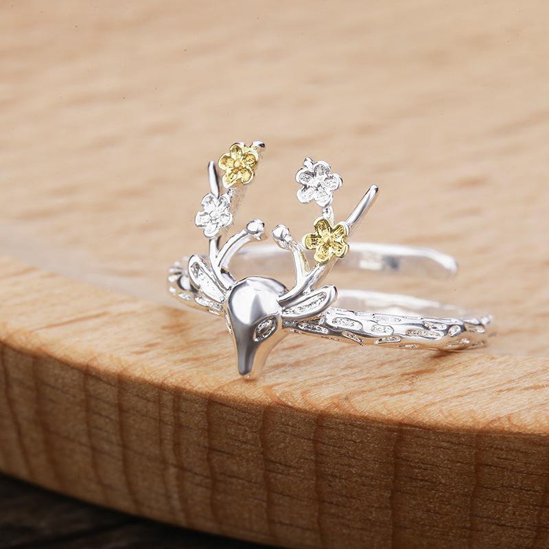 Mori-Style Creative Deer and Plum Blossom Midi Ring for Women - Christmas Gift Jewelry for Girlfriend