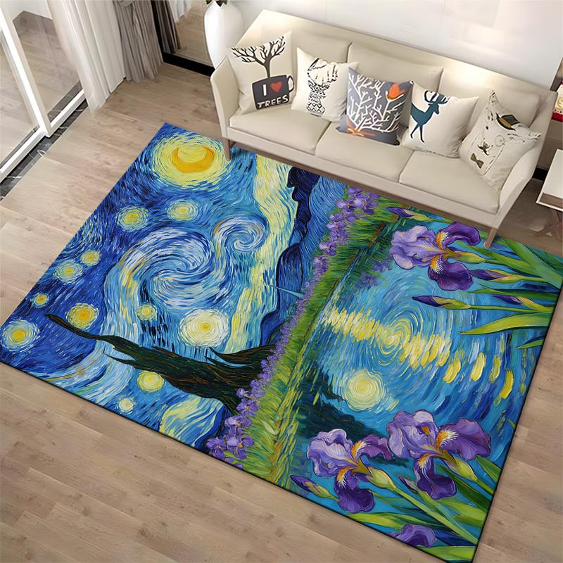 "Starry Night-Inspired Carpet with Purple Irises and Lake Scene" Suitable for use as an anti-slip for living room bedroom sofas