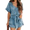 Womens Vintage Denim Rompers Summer Ruffle Sleeve V Neck Wide Leg Belted Short Jean Jumpsuit with Pockets
