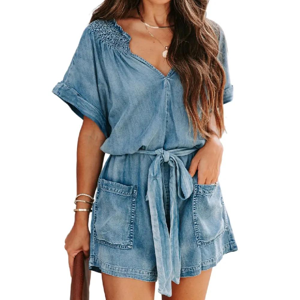 Womens Vintage Denim Rompers Summer Ruffle Sleeve V Neck Wide Leg Belted Short Jean Jumpsuit with Pockets