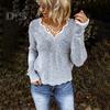 Women's Long Sleeve Sweater Loose Fit V-Neck Knitted Sweater Lady Casual Jumper Pullover Top for Autumn Winter