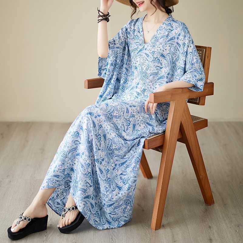 Тонкое платье с V-образным вырезом, большого размера, свободного кроя, в литературном стиле для отпуска, пляжная юбка