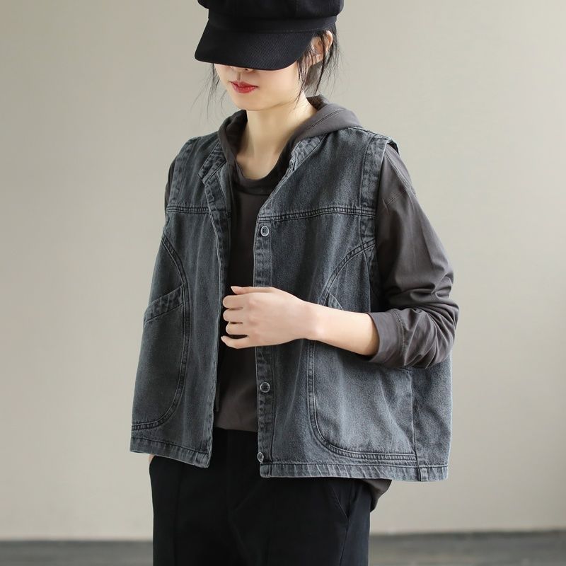 Весна и осень джинсовый жилет женский литературный досуг мода свободные плечи снаружи майки без рукавов с плечами плюс размер