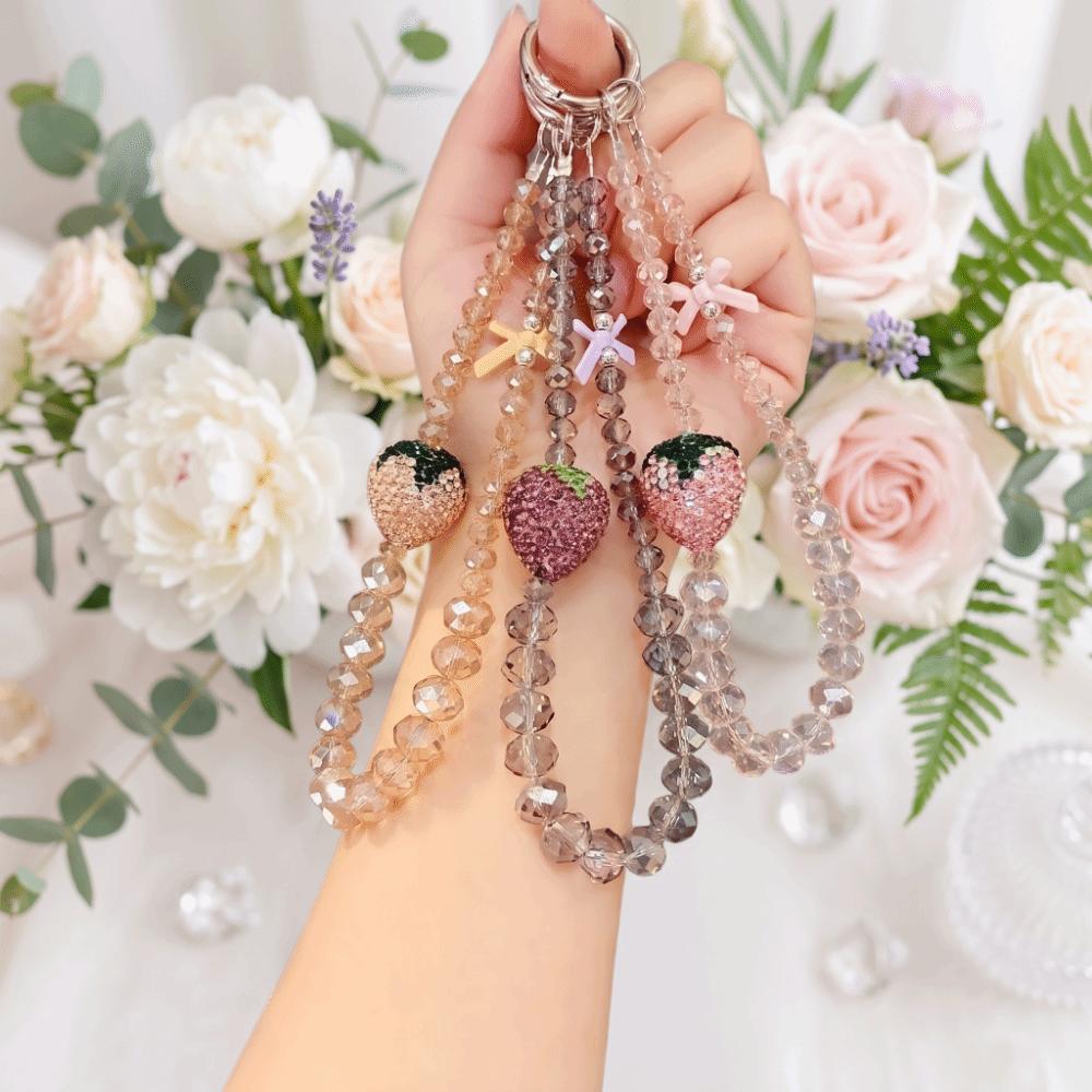 Bling Mobile Phone Chain Pink Strawberry Phone Lanyard Beaded Phone Bracelet Taking Photo
