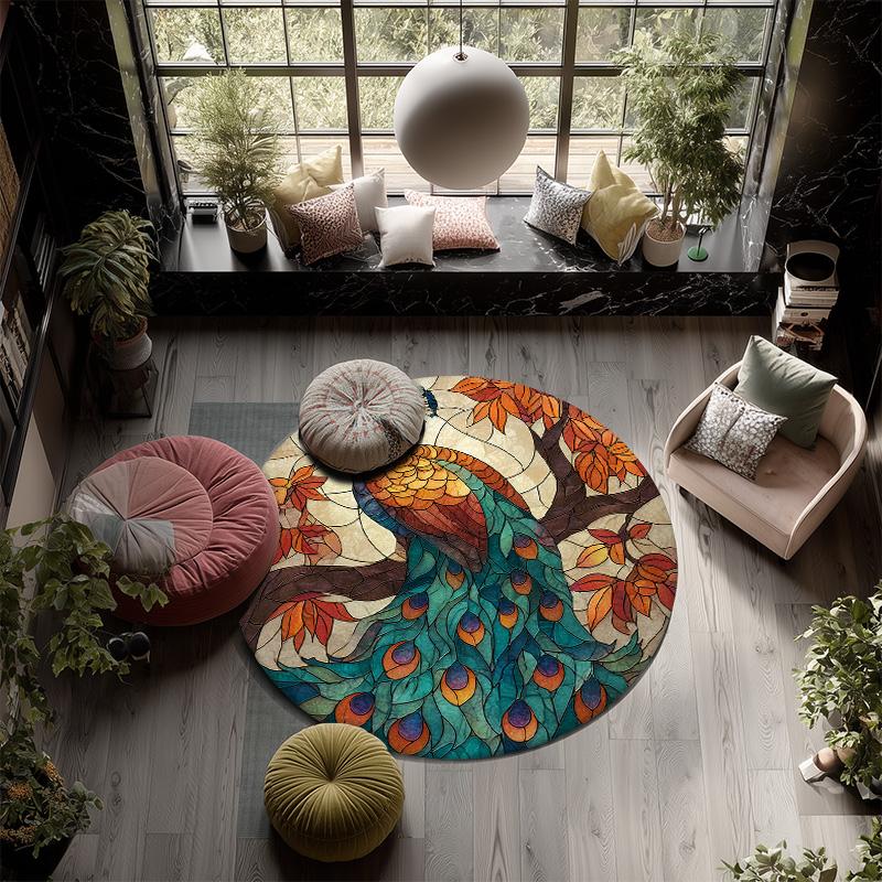 Stained Glass Peacock Round Area Rug,Carpet Rug for Living Room Bedroom Sofa Playroom Decor,Non-slip Floor Mat