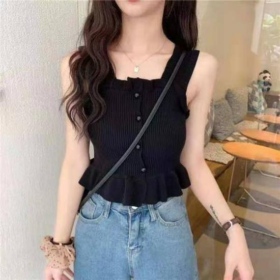 Вязаный топ-майка в рубчик большого размера для пышных женщин - Без рукавов, укороченный, летняя верхняя одежда