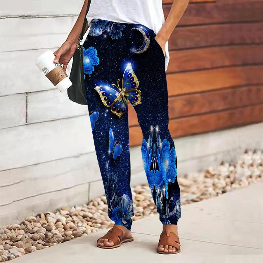Женские брюки с принтом бабочек, на шнуровке, с эластичной талией, свободные, повседневные длинные брюки, брюки с карманами