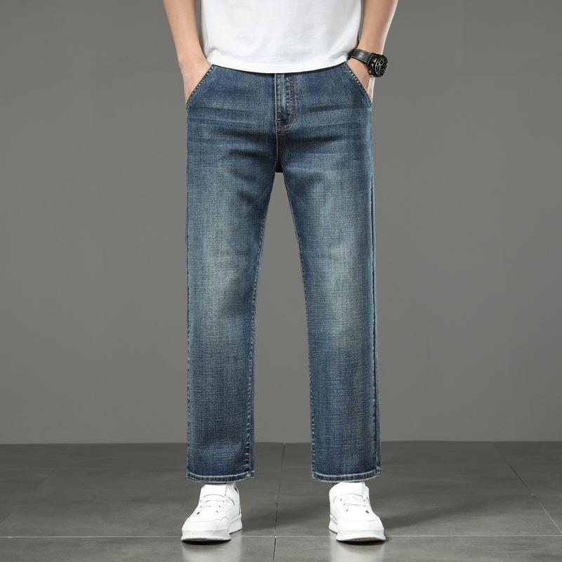 Джинсы мужские больших размеров прямого кроя стрейч в деловом стиле, свободные повседневные брюки, укороченные брюки облегающего кроя