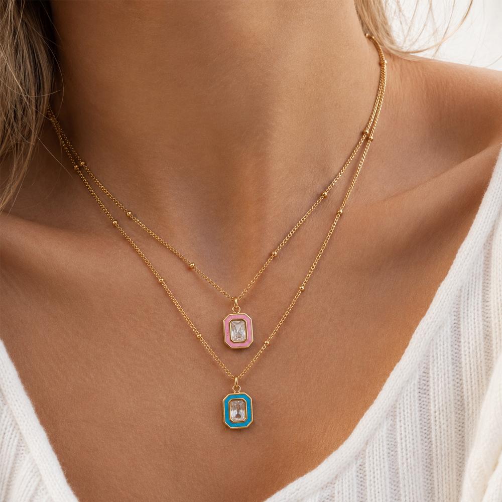 Pink Blue Enamel Square Zircon Pendant Necklaces for Women Gold Plated Stainless Steel Chic Collar Necklace Jewelry Gifts