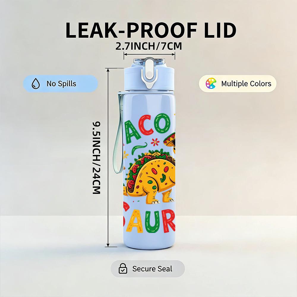1PC Taco Saurus Dinosaur Funny Graphic 750ml Color Plastic Water Bottle Leakproof Flip Straw Lid For Sports Office Home Use