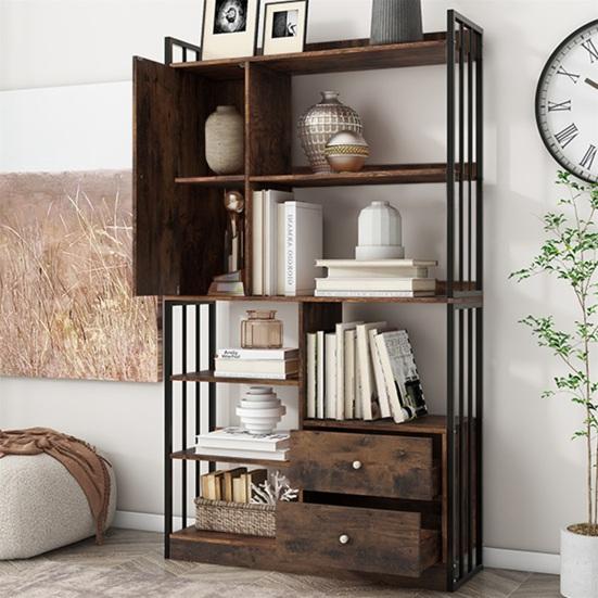 Bookcase, 6 Shelf Bookcase with Doors And Drawers Floor To Ceiling Bookcase, Industrial Bookcase, Steel Shelf,