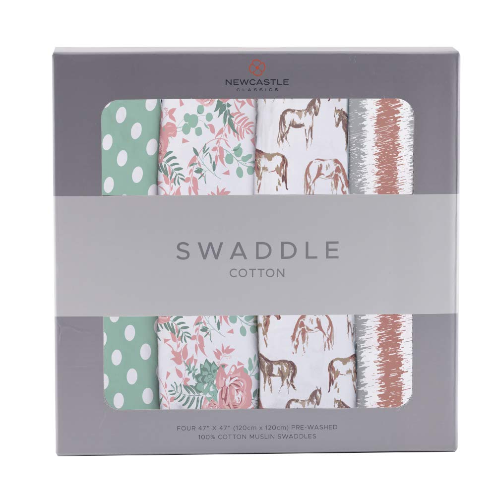 Хлопковые муслиновые пеленки Newcastle Classics Японские Мягкие и Пушистые Лошади 120 см х Возраста (Официальный продукт) - Одеяла и розы, 120 см, 0+ месяцев,