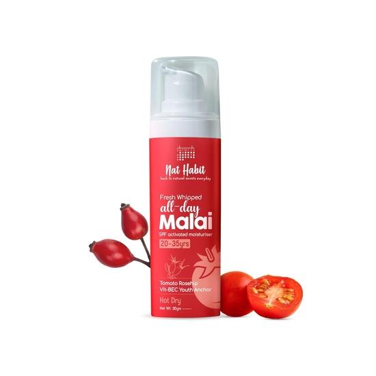 Nat Habit All-Day Face Moisturizer Fresh Whipped Tomato Rosehip Vit-BEC Youth Anchor Face Malai For Sun Protection (Ages 20-35) - 30g