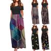 Women' Cold Shoulder Pocket Floral Print Elegant Maxi Short Sleeve Casual Dress