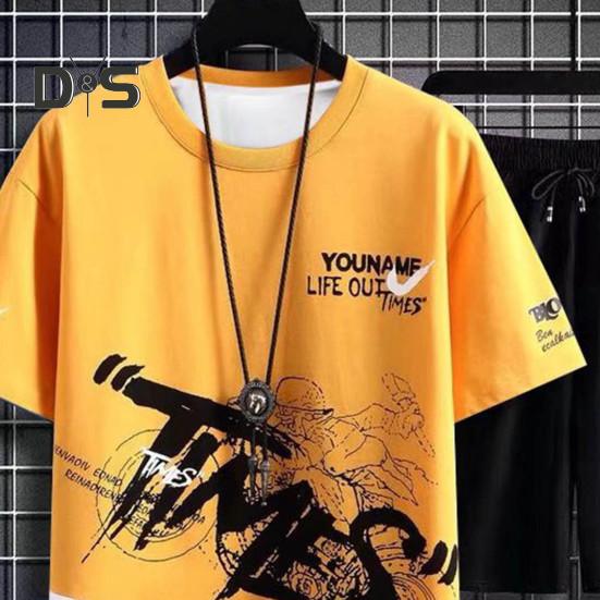 Мужской комплект летней спортивной одежды из 2 шт./компл., футболка с коротким рукавом и эластичным шнурком на талии, широкие шорты, комплект, повседневная одежда с буквенным принтом