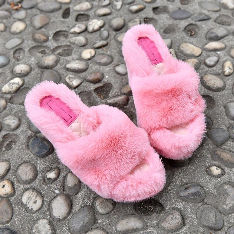 Fashion Women Slippers Furry Fur Slides Home Color Fur Flops Fluffy Plush House Shoes Female Winter Warm Slope Heel Slippers
