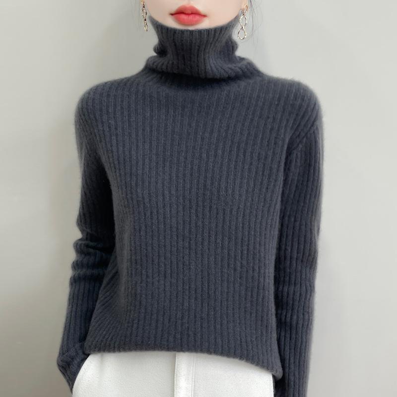 2025 Autumn/Winter High-Neck Pure Wool Ribbed Knitwear Loose Pullover Base Layer