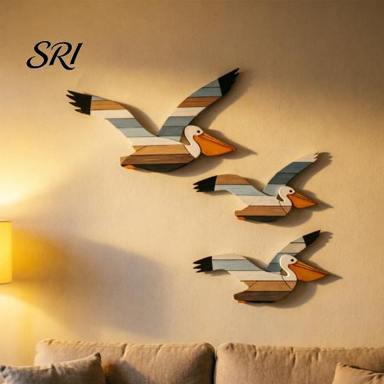 Vintage Bird Decoration 3 Pcs Pelican Wall Art Wooden Flying Hanging Seaside Decor Nautical Rustic Beach Sculpture for Living Room Bedroom Home