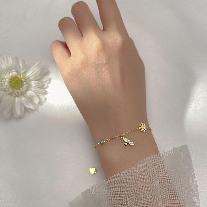 925 Sterling Silver Colored Flower Bee Bracelet Female Sweet Simple Zircon Chain Bracelet
