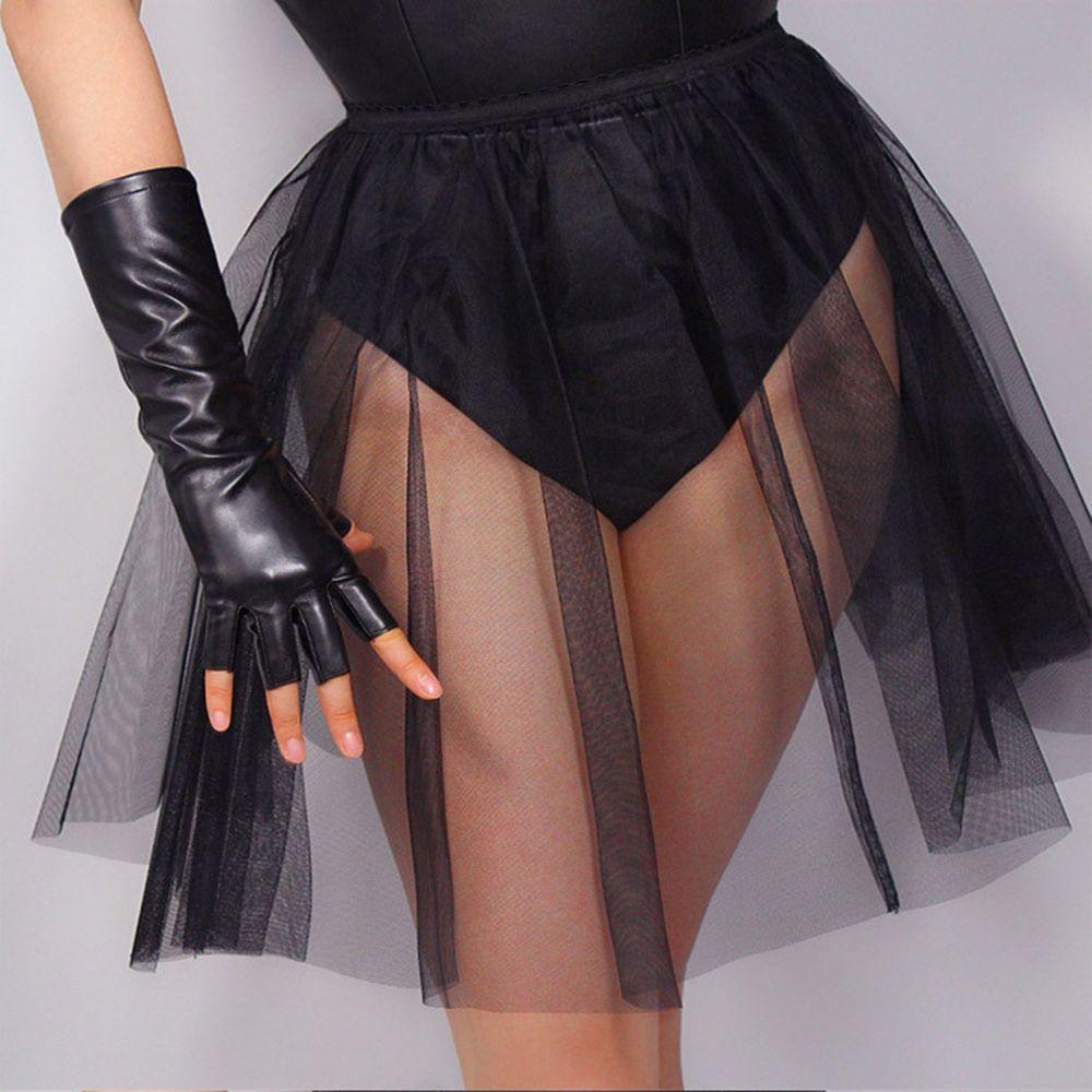 Fleece Lined Fingerless Gloves Black PU Leather Gloves Cool Half Finger Mittens Dance