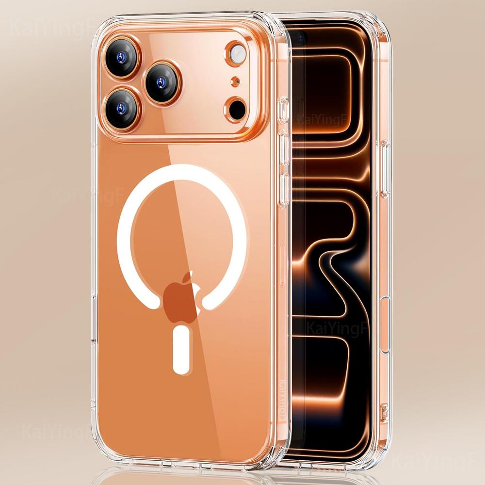 Магнитный чехол для телефона для iPhone 17 16 15 14 13 12 11 Pro Max Plus Air Беспроводная зарядка для чехла MagSafe Прозрачная крышка Защита от пожелтения