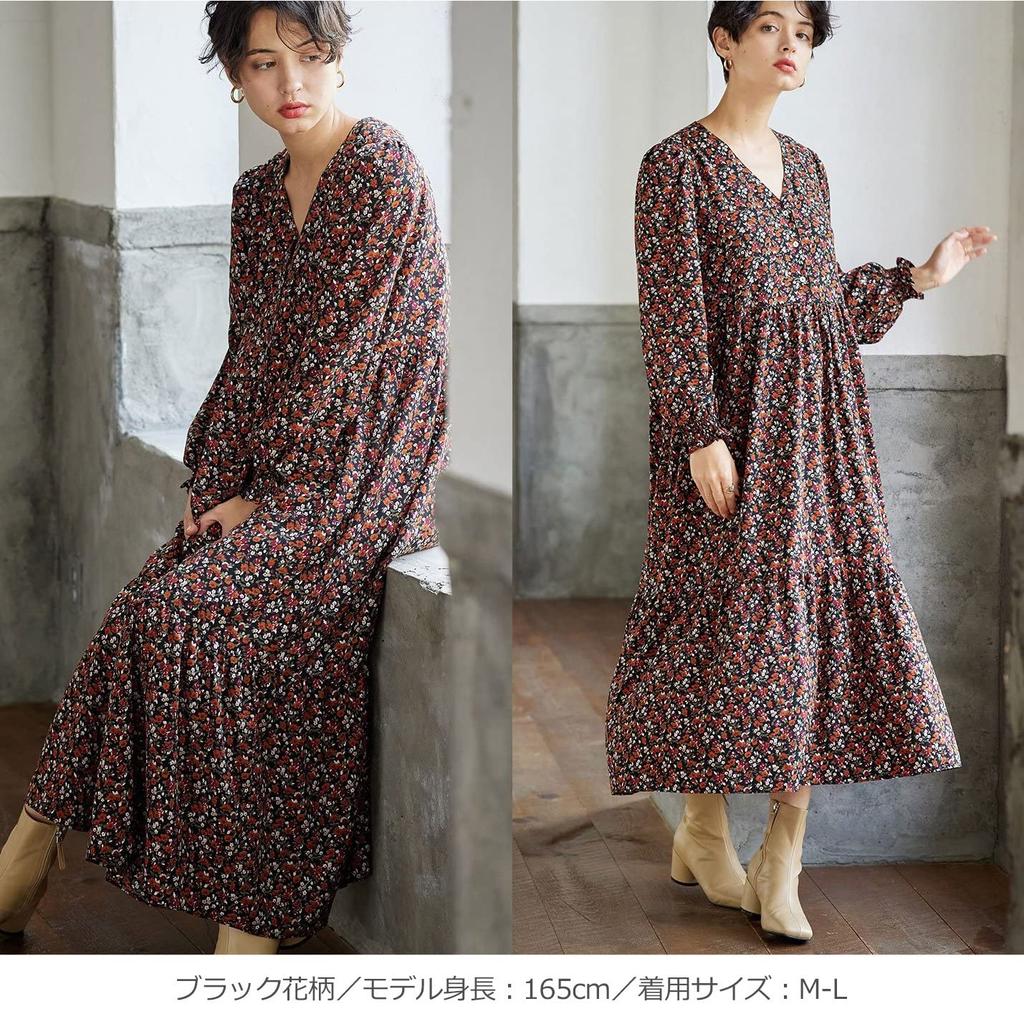 Платье для беременных объемное многоярусное с цветочным принтом длинное V-образный вырез черное с цветочным принтом 10131202 [ANGELIEBE] Платье, Рукава, Подол, Узор, Платье, Дородовое, Послеродовое, На подкладке, Рукав, Вырез,