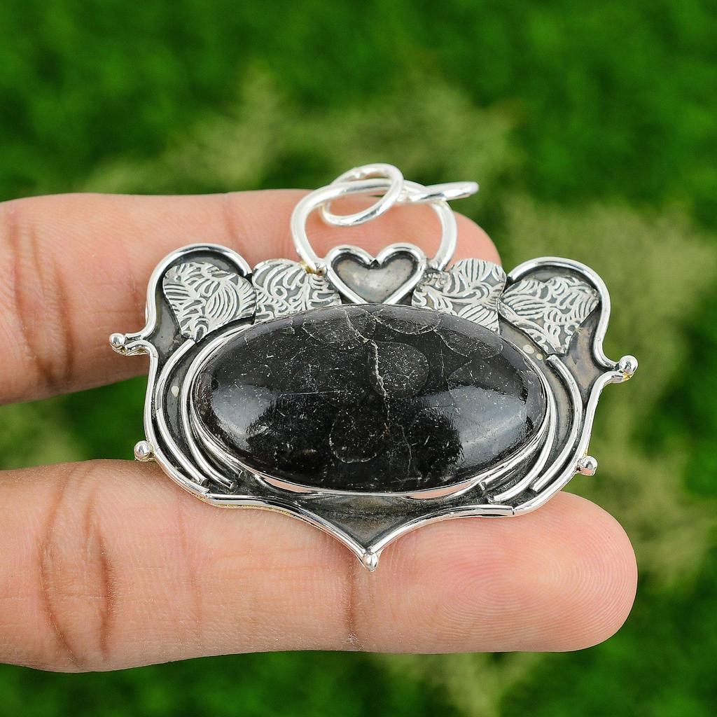 Daughters Day Sale Root Chakra Black Fossil Coral Stone Sterling Silver Pendant