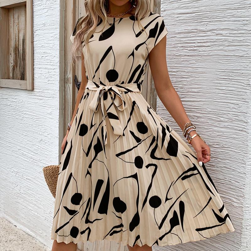 Women's Fashion Summer Spring Geometric Print Short Sleeve O-Neck High Waist Casual Dresses