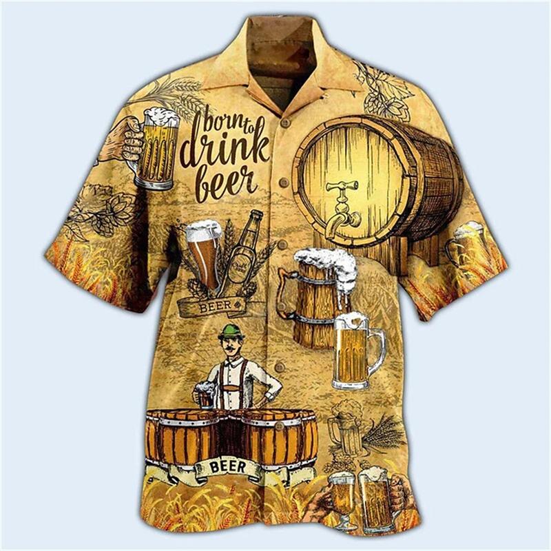 Vintage Hawaiian Shirts For Men 3d Beer Print Oversized Womens Clothes Beach Party Blouse Street New Designs Short Sleeved Shirt