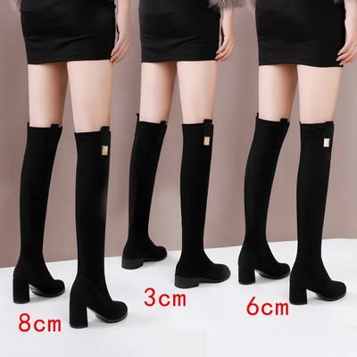 Модные женские замшевые эластичные сапоги выше колена 2024 года, новые зимние теплые плюшевые длинные сапоги, осенние сапоги без застежек на толстых высоких каблуках с острым носком