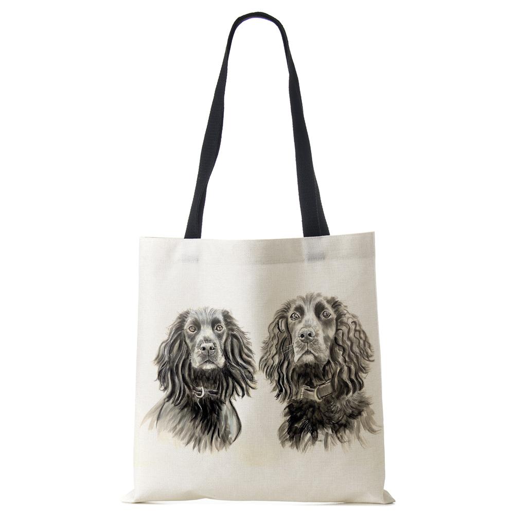 Women Handbag Linen Totes with Dog Print Casual Traveling Beach Gift Bags CLE