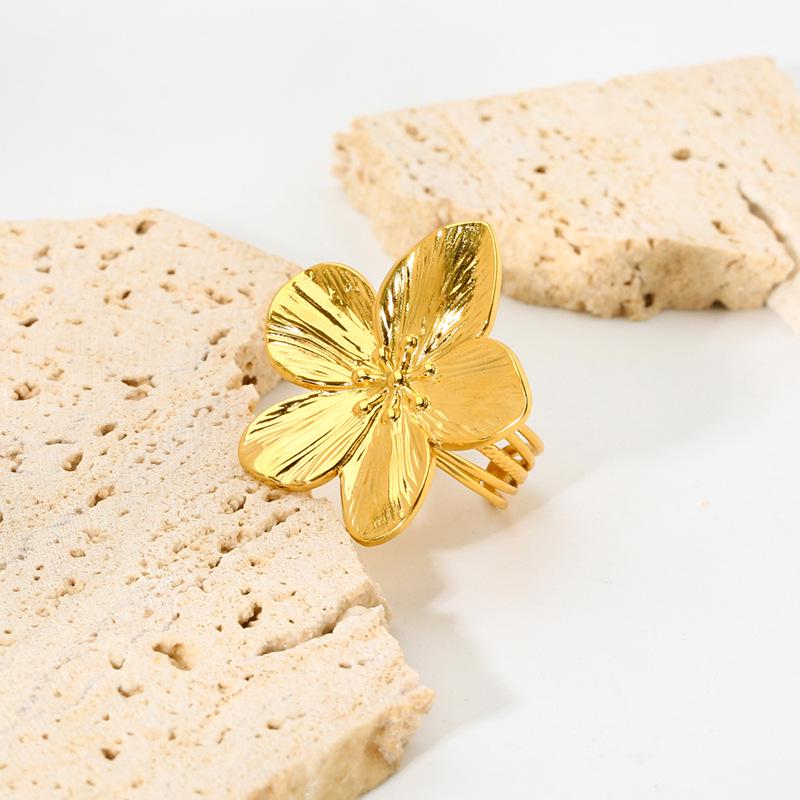 Французское ретро кольцо-цветок из нержавеющей стали с PVD-покрытием из 18-каратного золота для женщин