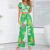 Летние повседневные широкие брюки с цветочным принтом, женские повседневные зеленые брюки с высокой талией, модный костюм из двух предметов Spodnie 24930