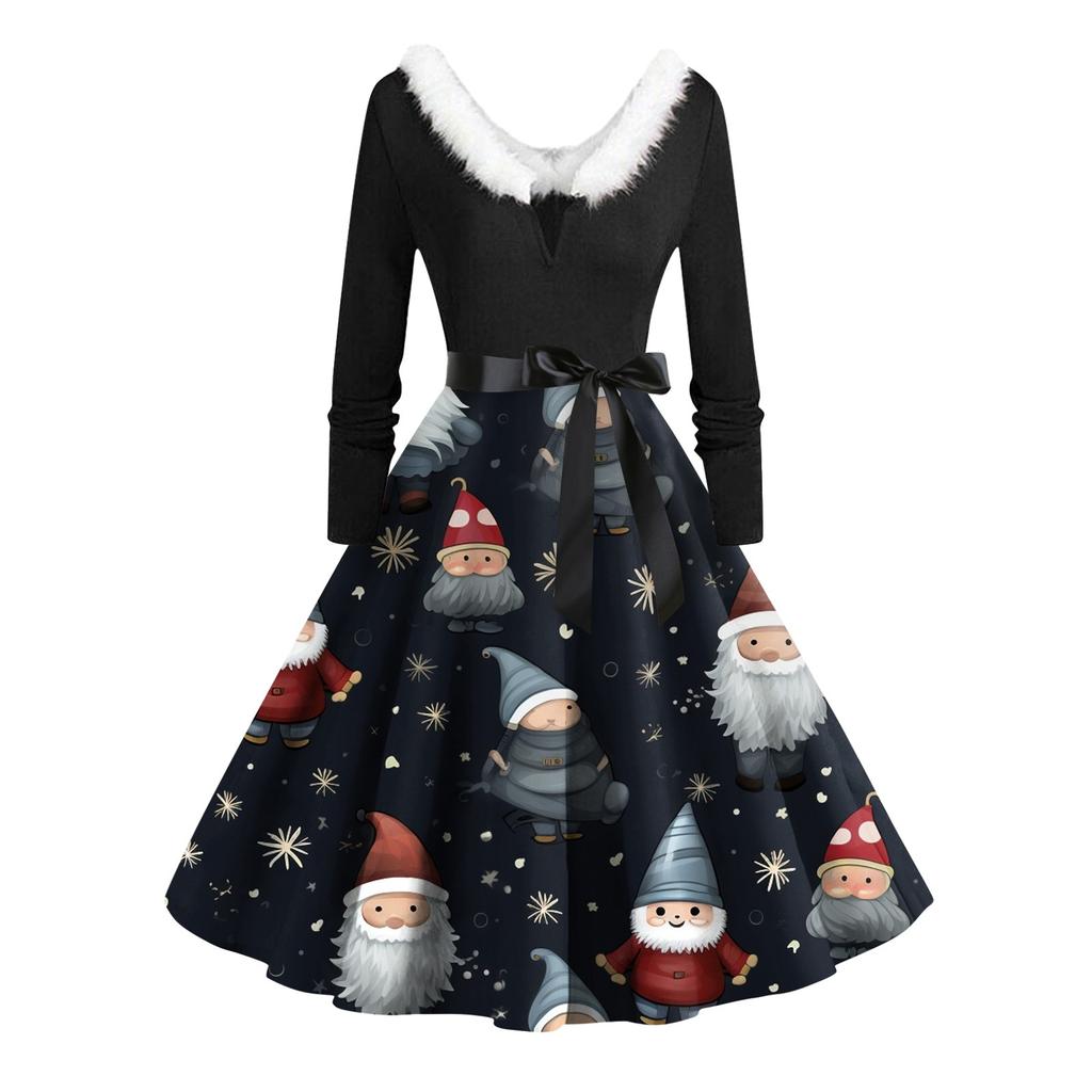 Women Vintage Long Sleeve Christmas Print 1950s Housewife Evening Party Prom Dress